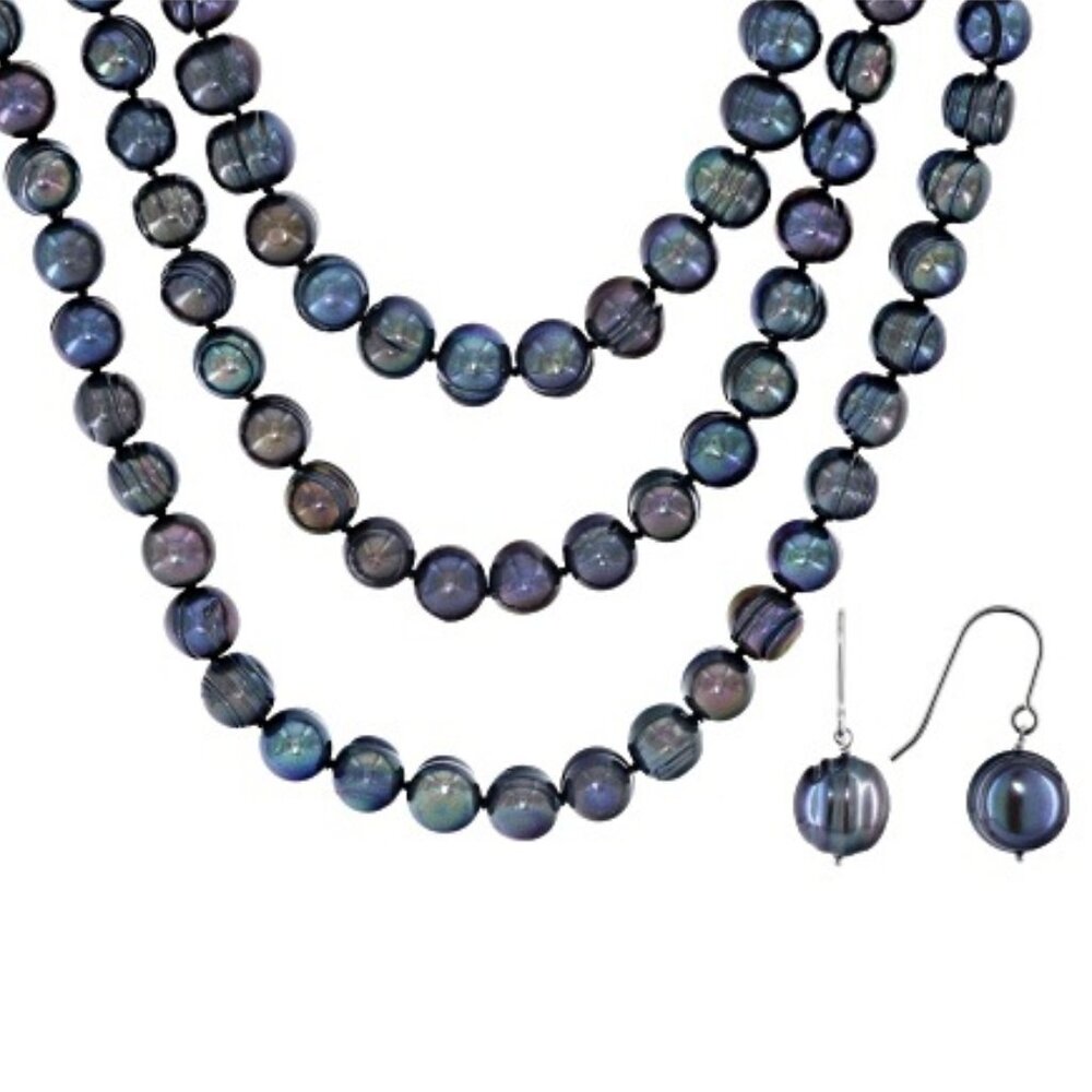 10-12mm Black Cultured Freshwater Pearl Sterling Silver 18, 24, 36 Inch Necklace